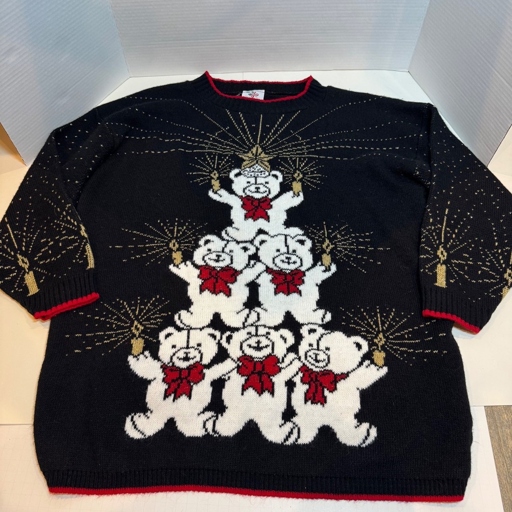 Vtg Style Nutcracker Black Teddy Bear Ugly Christmas Sweater Women 18M Knit USA‎